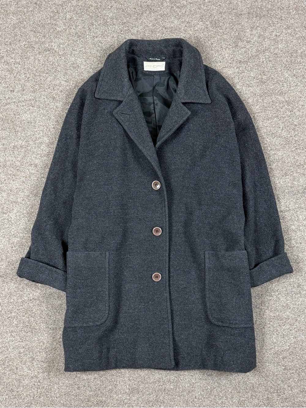 Vintage Sandro Grey Wool Mid Length Single Breasted Coat Womens 14 Drop Shoulder